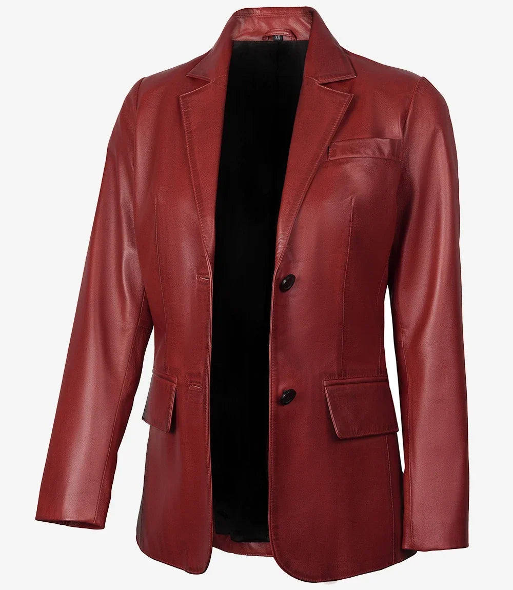 Women's Red Waxed Two-Button Leather Blazer