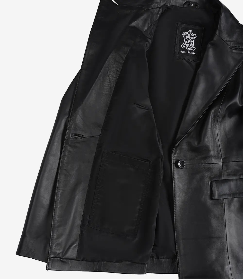 Women's Black Single-Button Leather Blazer – Peak Lapel