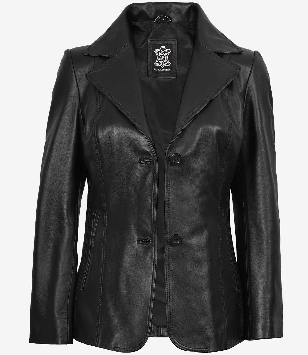 Women's Black Premium Leather Two-Button Blazer