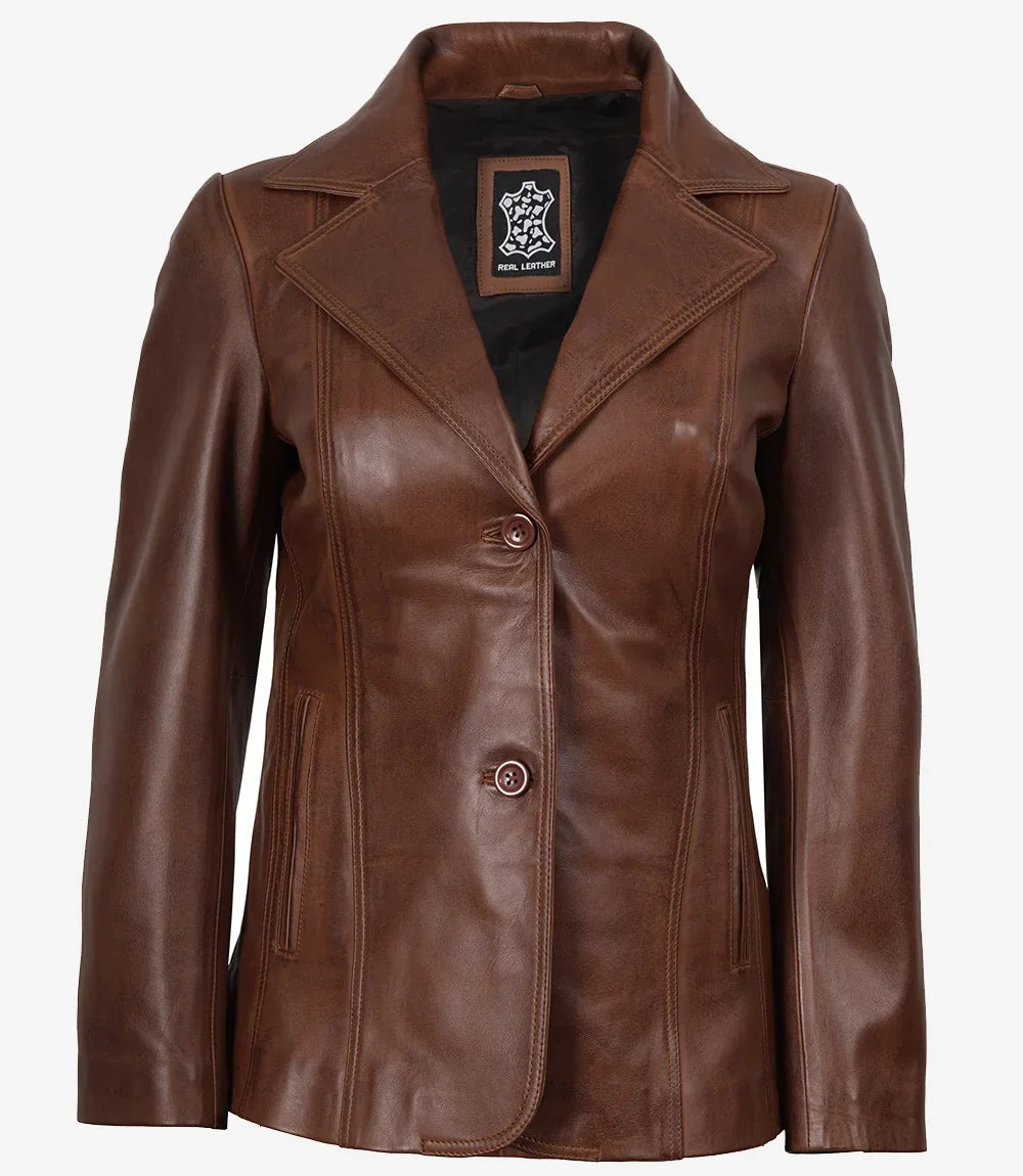 Women's Cognac Two-Button Leather Blazer with Notch Lapel