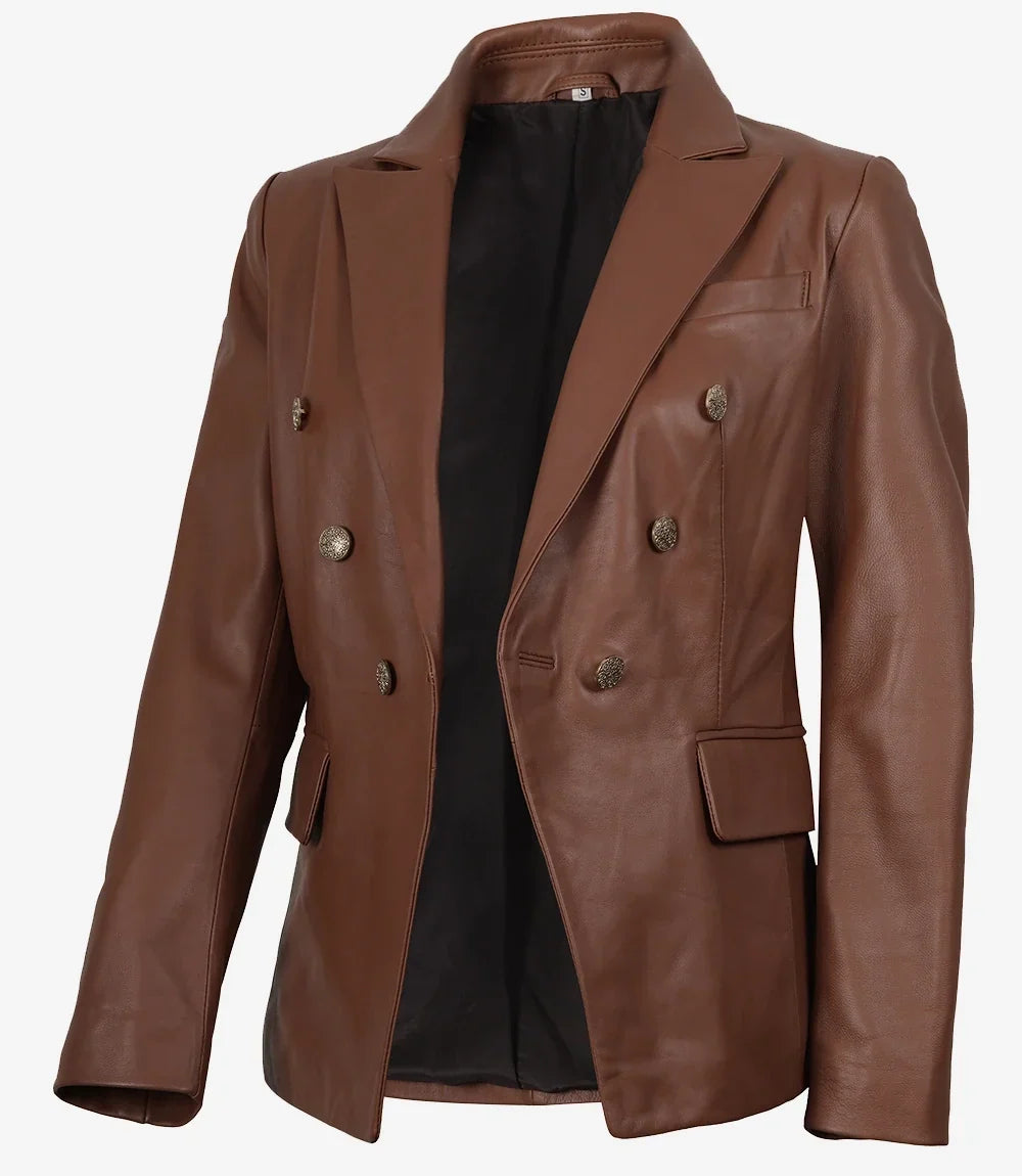 Women's Kim Cognac Double-Breasted Leather Blazer
