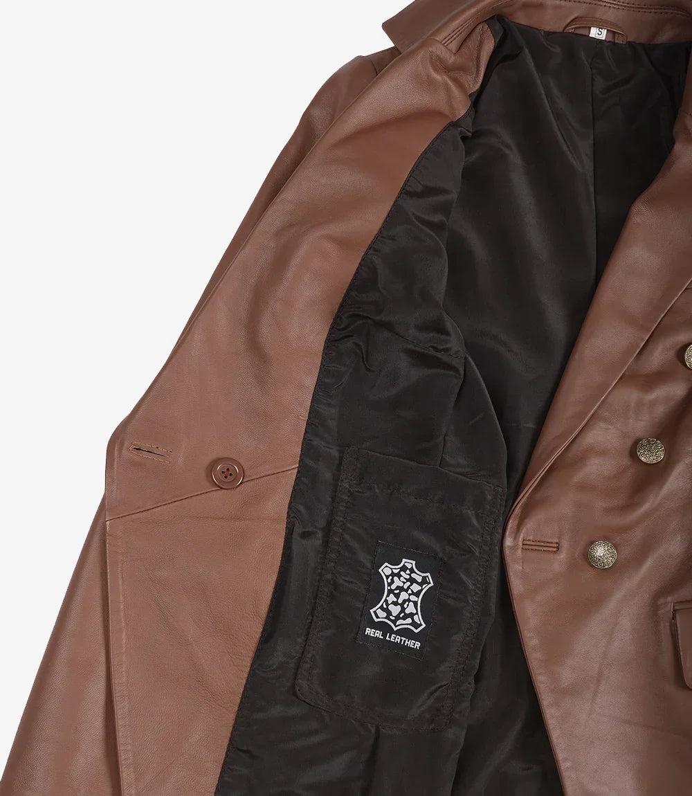 Women's Kim Cognac Double-Breasted Leather Blazer