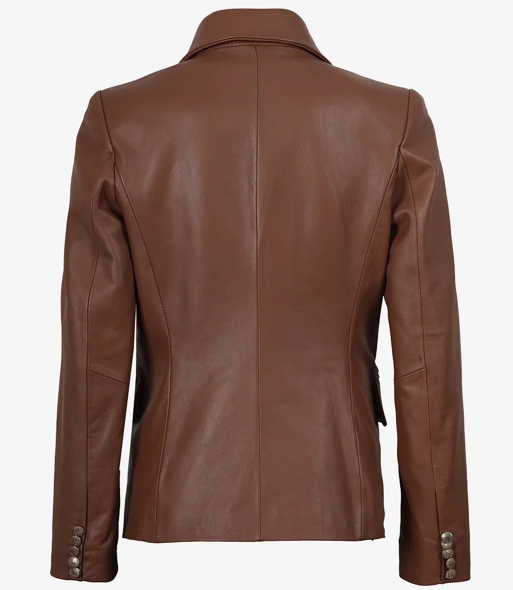 Women's Kim Cognac Double-Breasted Leather Blazer