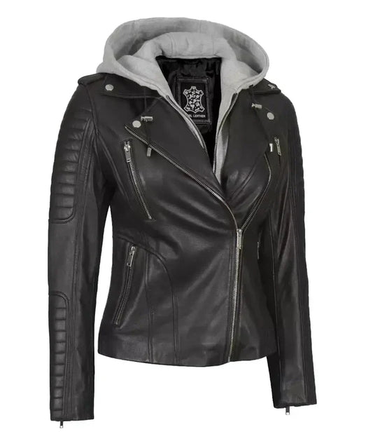 Women's Black Leather Biker Style Jacket with Detachable Hood