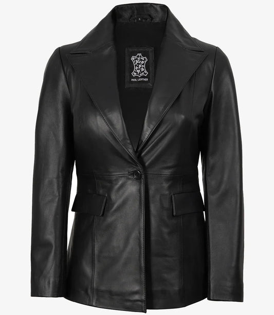 Women's Black Single-Button Leather Blazer – Peak Lapel