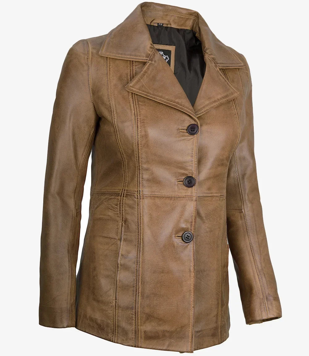Women's Camel Brown Three-Button Leather Blazer