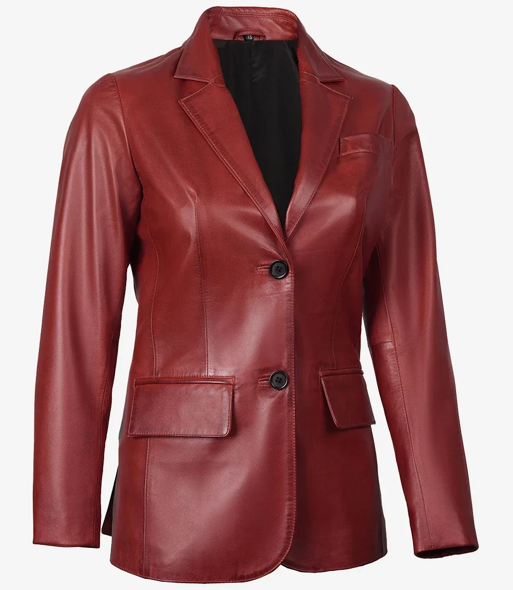 Women's Red Waxed Two-Button Leather Blazer